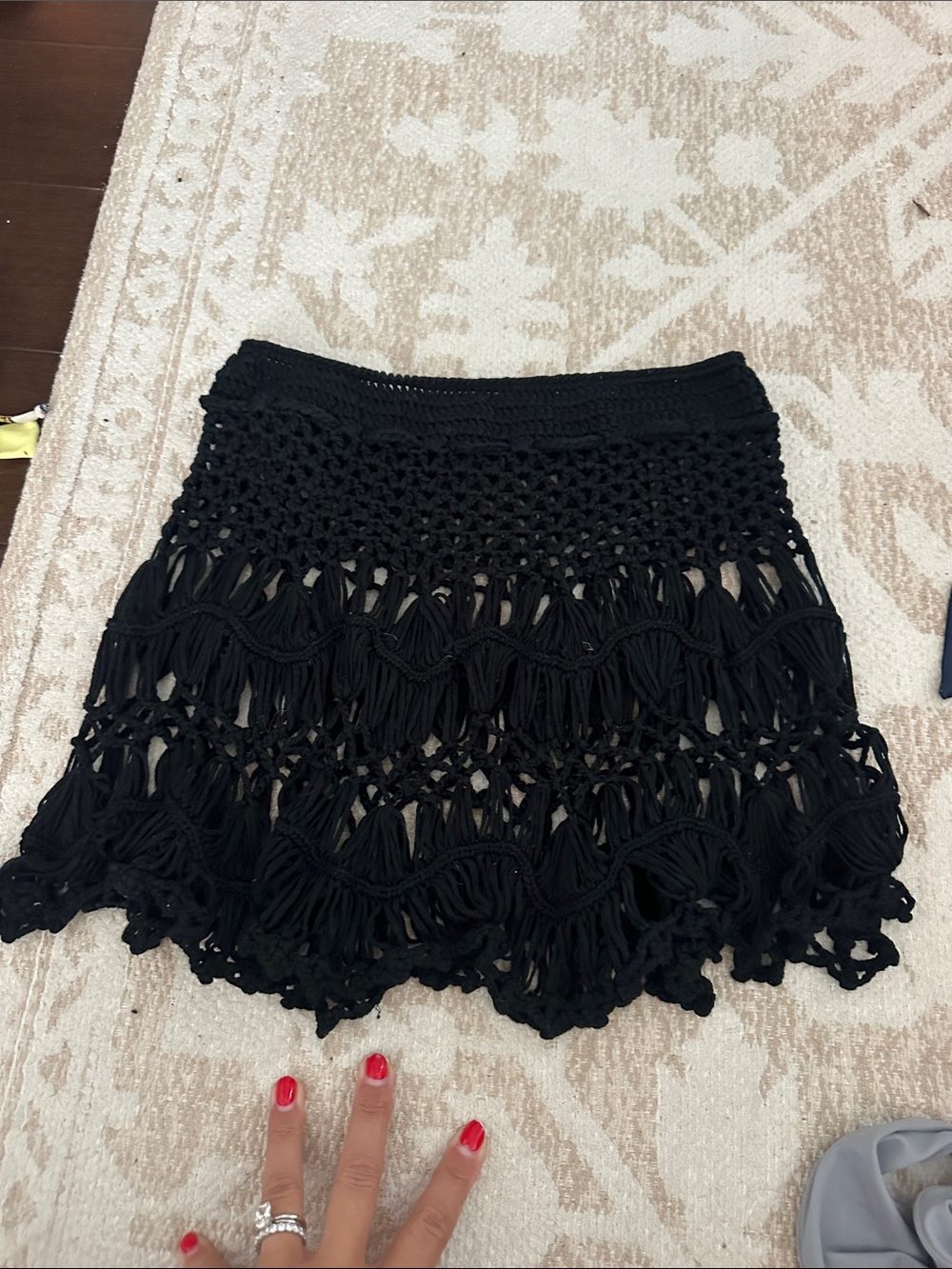 Crochet Fringe Mini Skirt in Black